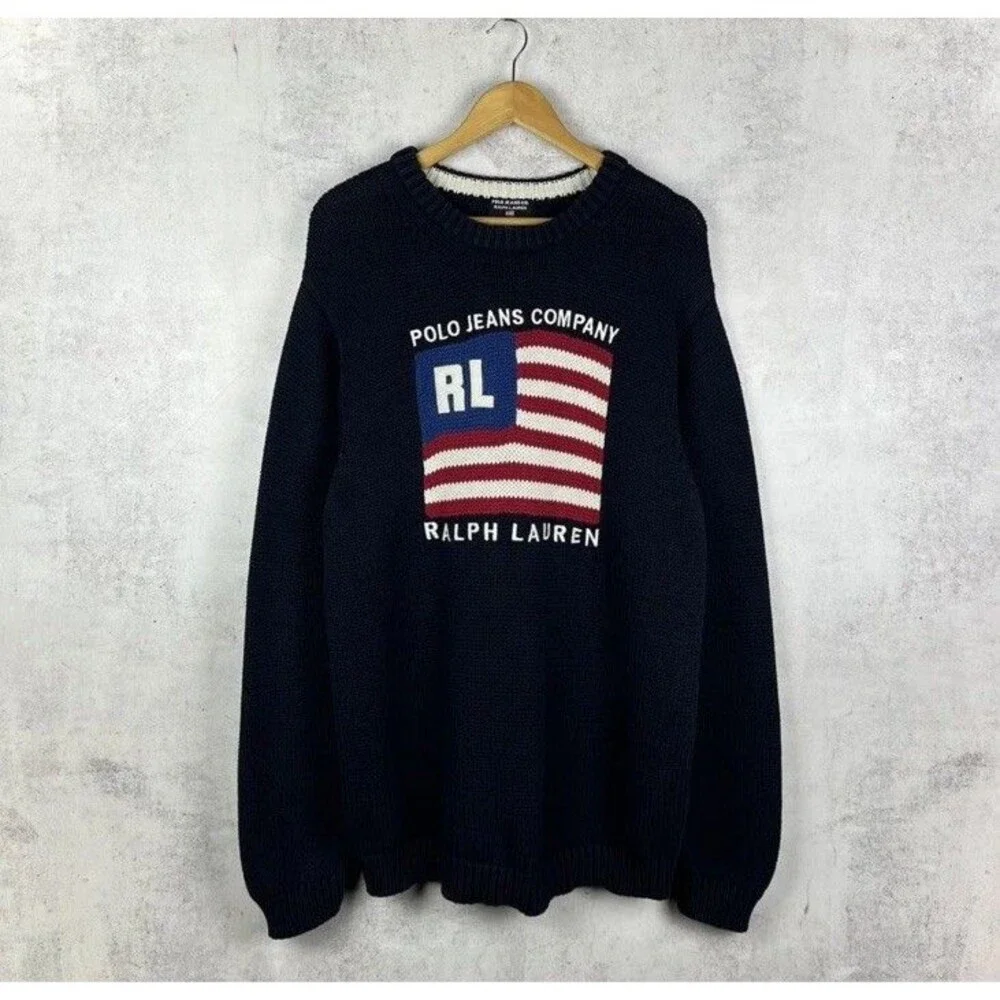 Polo Jeans Ralph Lauren USA Flag Knit Sweater Mens Size Medium American Jumper
